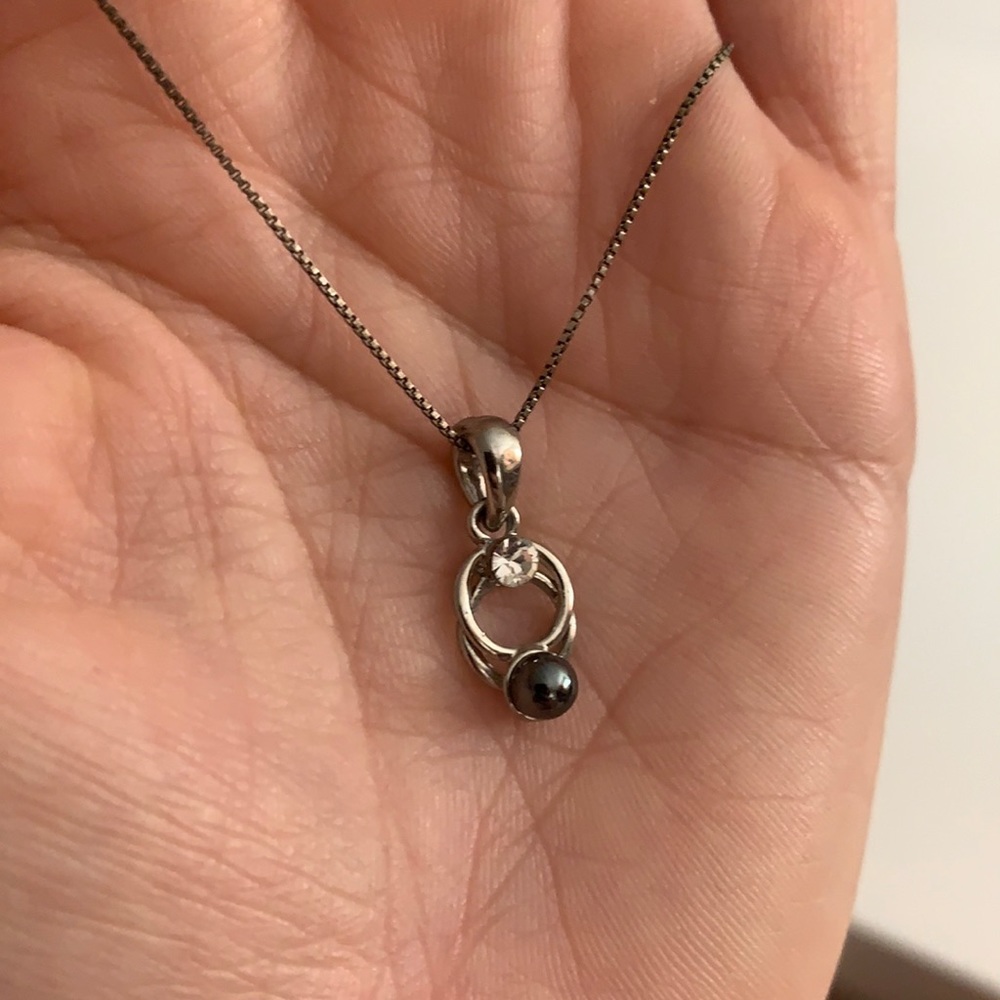 Silver plated black pearl and stone necklace
